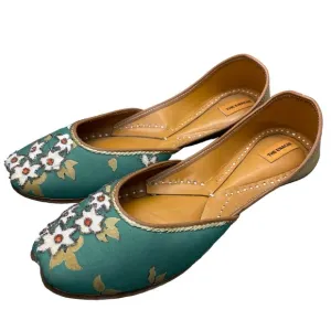 The Enache Green Floral Slip On Ballet Shoes Khussa Indian Shoes Wear EU 39