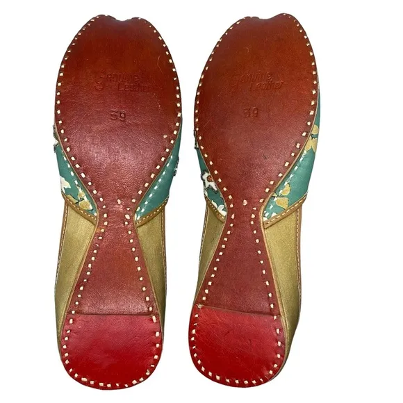 The Enache Green Floral Slip On Ballet Shoes Khussa Indian Shoes Wear EU 39