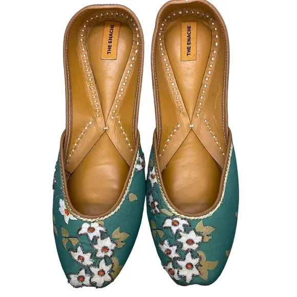 The Enache Green Floral Slip On Ballet Shoes Khussa Indian Shoes Wear EU 39