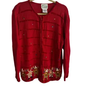 The Quaker Factory Christmas cardigan sweater Red Reindeer Large vintage 1990s