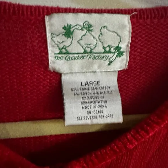 The Quaker Factory Christmas cardigan sweater Red Reindeer Large vintage 1990s