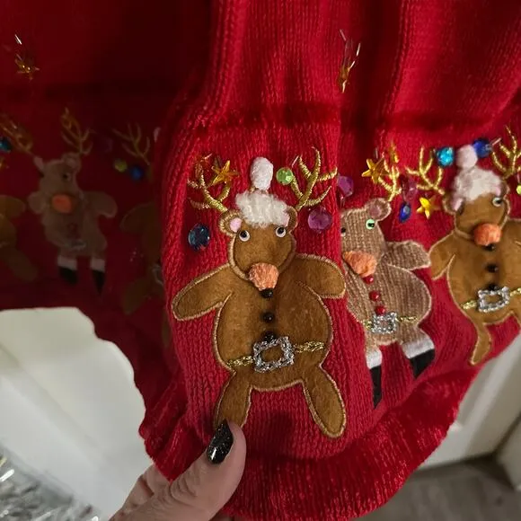 The Quaker Factory Christmas cardigan sweater Red Reindeer Large vintage 1990s