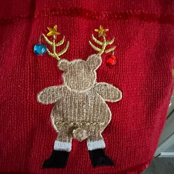 The Quaker Factory Christmas cardigan sweater Red Reindeer Large vintage 1990s