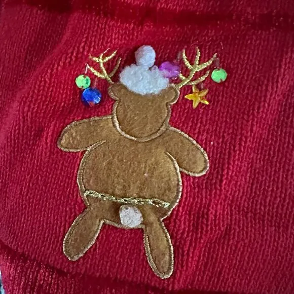 The Quaker Factory Christmas cardigan sweater Red Reindeer Large vintage 1990s