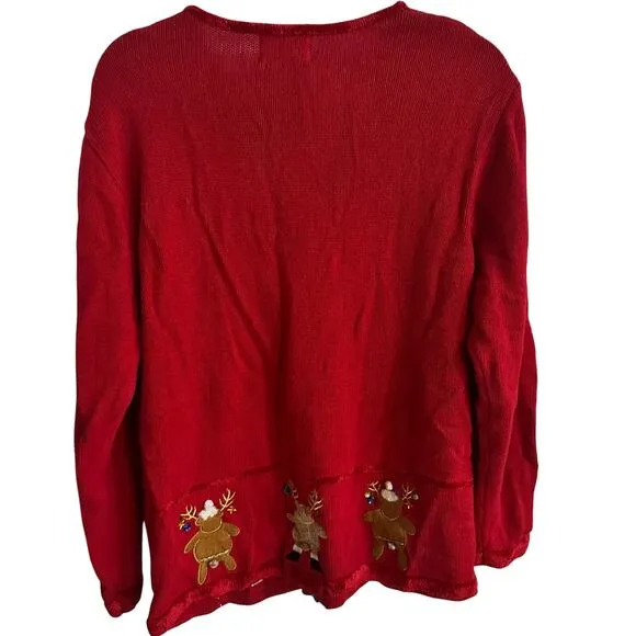 The Quaker Factory Christmas cardigan sweater Red Reindeer Large vintage 1990s