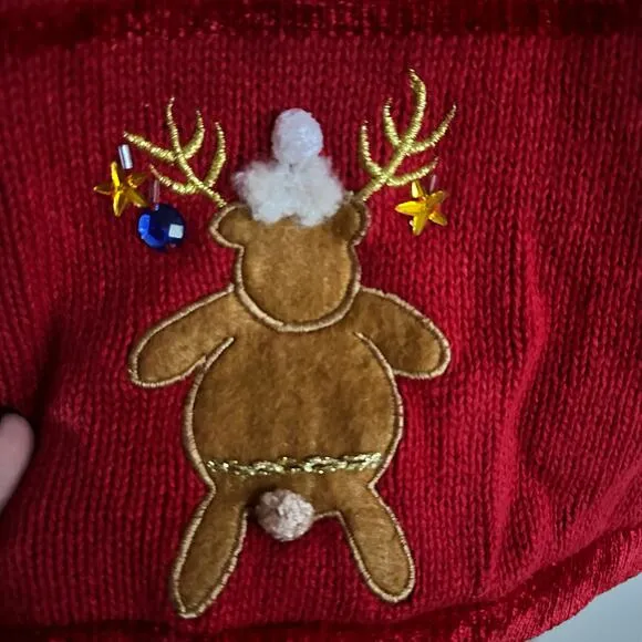The Quaker Factory Christmas cardigan sweater Red Reindeer Large vintage 1990s