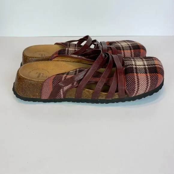 Think! Clogs 8 8.5 Plaid Leather Strappy Comfort Slides Shoes‎ Sandals 39