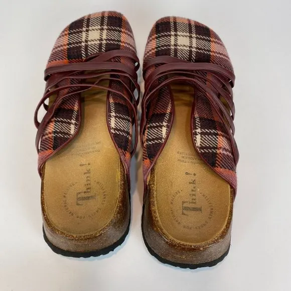 Think! Clogs 8 8.5 Plaid Leather Strappy Comfort Slides Shoes‎ Sandals 39