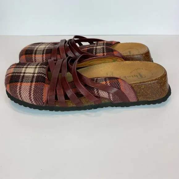 Think! Clogs 8 8.5 Plaid Leather Strappy Comfort Slides Shoes‎ Sandals 39