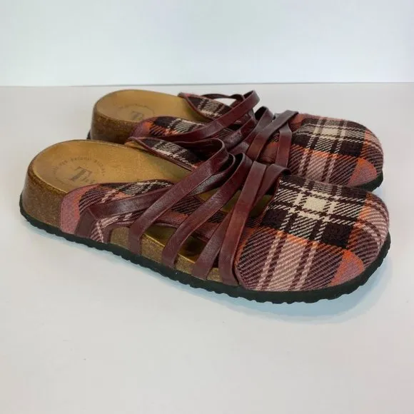 Think! Clogs 8 8.5 Plaid Leather Strappy Comfort Slides Shoes‎ Sandals 39