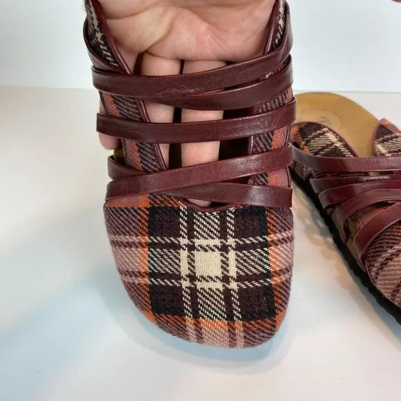 Think! Clogs 8 8.5 Plaid Leather Strappy Comfort Slides Shoes‎ Sandals 39