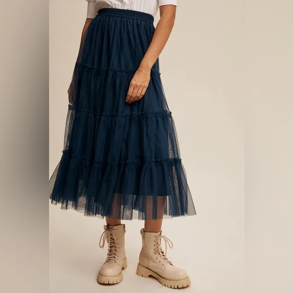 Tiered Mesh Tulle Flouncy Midi Skirt in Deep Sea Teal Blue