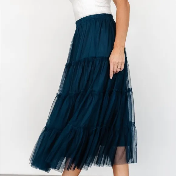 Tiered Mesh Tulle Flouncy Midi Skirt in Deep Sea Teal Blue