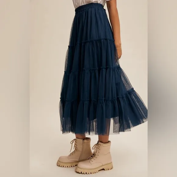Tiered Mesh Tulle Flouncy Midi Skirt in Deep Sea Teal Blue
