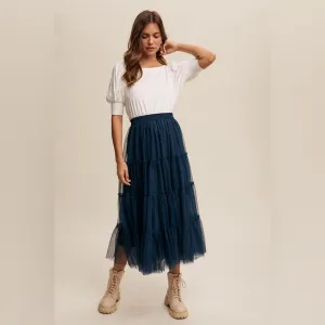 Tiered Mesh Tulle Flouncy Midi Skirt in Deep Sea Teal Blue