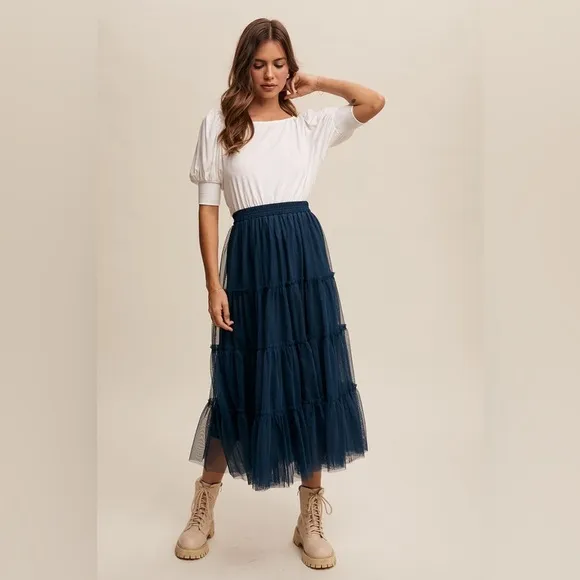 Tiered Mesh Tulle Flouncy Midi Skirt in Deep Sea Teal Blue