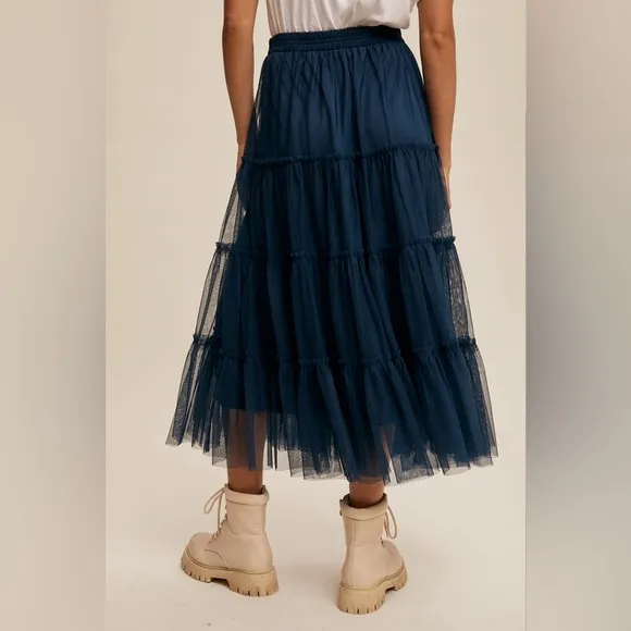 Tiered Mesh Tulle Flouncy Midi Skirt in Deep Sea Teal Blue