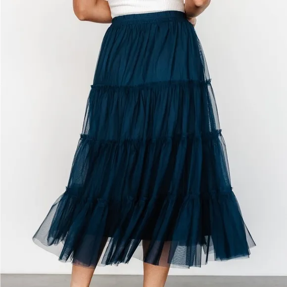 Tiered Mesh Tulle Flouncy Midi Skirt in Deep Sea Teal Blue