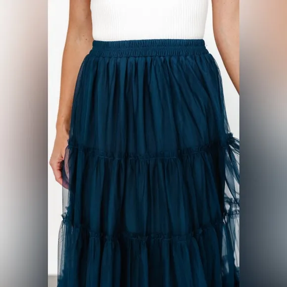 Tiered Mesh Tulle Flouncy Midi Skirt in Deep Sea Teal Blue