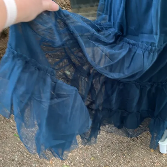 Tiered Mesh Tulle Flouncy Midi Skirt in Deep Sea Teal Blue