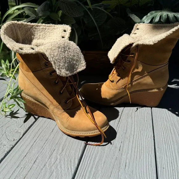 Timberland Amston Earthkeepers Beige Suede Wedge Boots Warm Weather Sport Wear