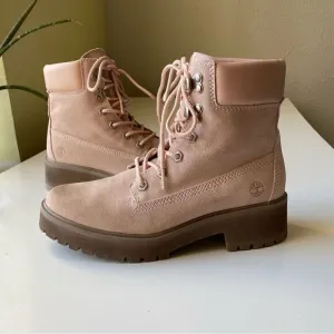 Timberland Carnaby Cool Boots Pink Mauve Suede leather Size 7.5 lace up chunky