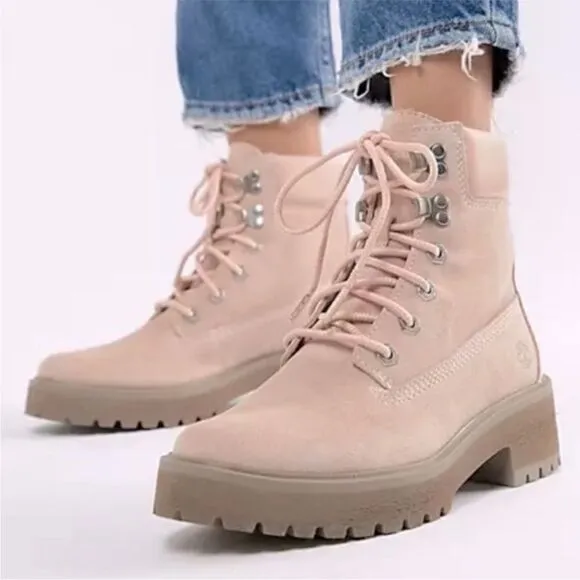 Timberland Carnaby Cool Boots Pink Mauve Suede leather Size 7.5 lace up chunky