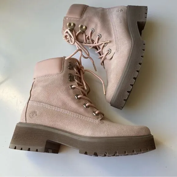 Timberland Carnaby Cool Boots Pink Mauve Suede leather Size 7.5 lace up chunky