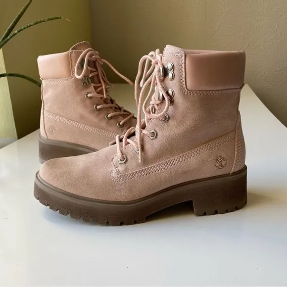 Timberland Carnaby Cool Boots Pink Mauve Suede leather Size 7.5 lace up chunky