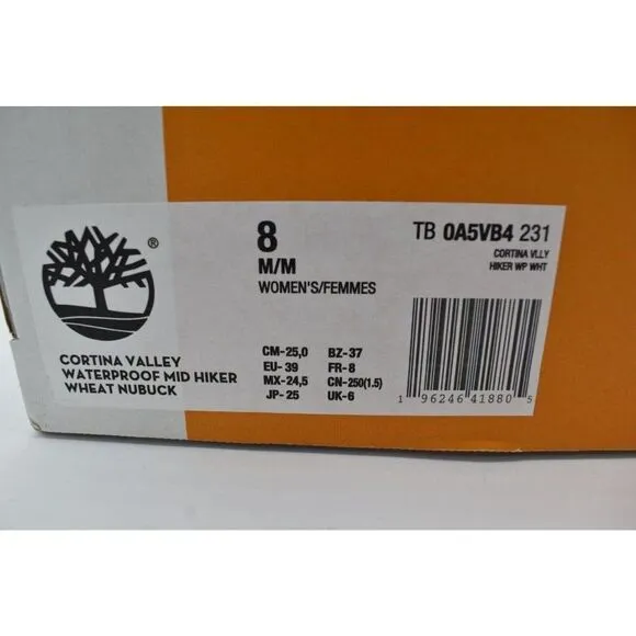 Timberland Womens Size 8 Cortina Valley Wheat Nubuck Waterproof Mid Hiking Boots