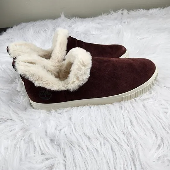 Timberland Women's Skyla Bay Warm Size 9 Burgundy Suede Faux Fur Slip-On Shoes