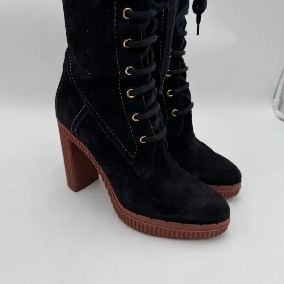 TOD'S  Altraversione  Suede Tall Boots high 4”  heel Tie and zipper Black womans