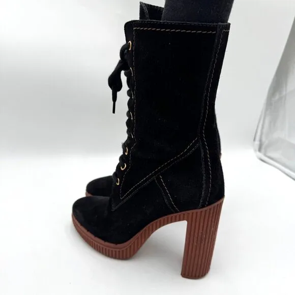 TOD'S  Altraversione  Suede Tall Boots high 4”  heel Tie and zipper Black womans