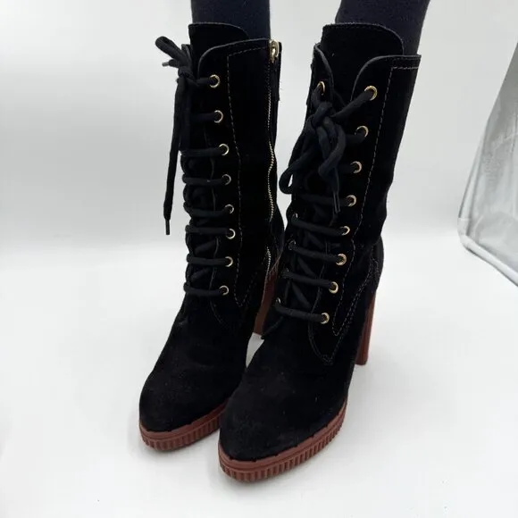 TOD'S  Altraversione  Suede Tall Boots high 4”  heel Tie and zipper Black womans