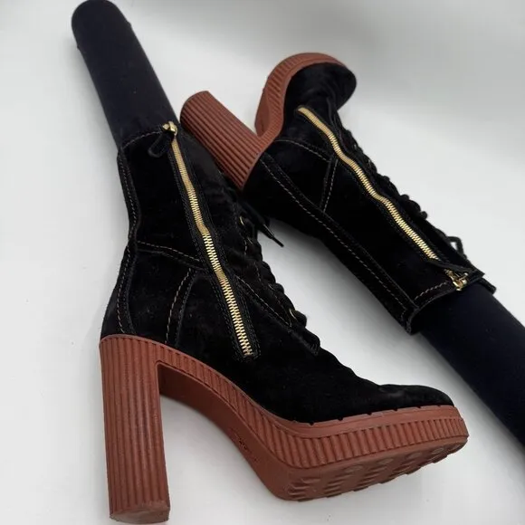 TOD'S  Altraversione  Suede Tall Boots high 4”  heel Tie and zipper Black womans