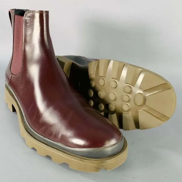 TOD'S Burgundy Leather Chelsea Ankle Tread Sole Boots