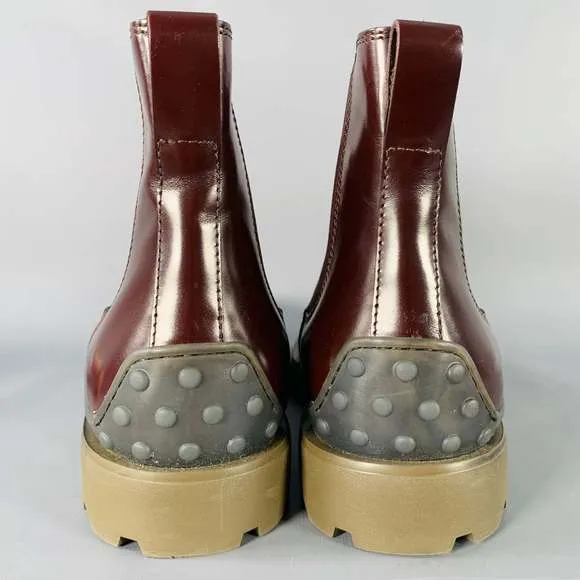 TOD'S Burgundy Leather Chelsea Ankle Tread Sole Boots