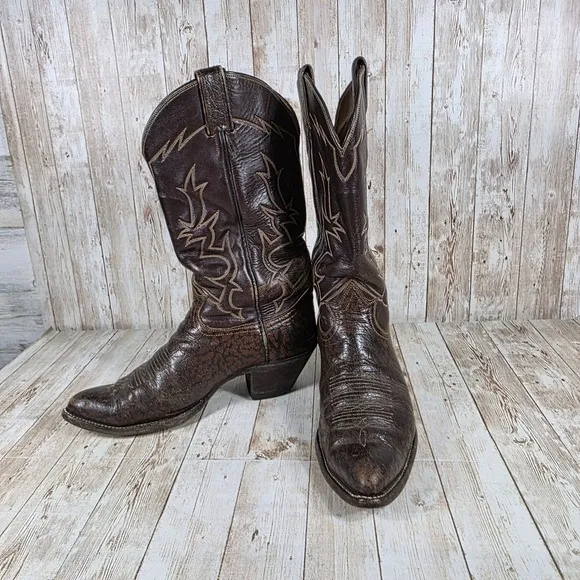 Tony Lama Western Cowboy Boots Brown Leather Stitch Detail men's 8.5D