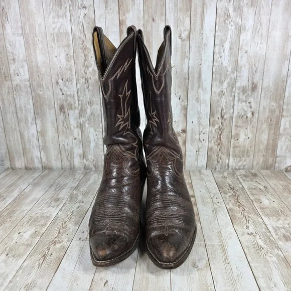 Tony Lama Western Cowboy Boots Brown Leather Stitch Detail men's 8.5D
