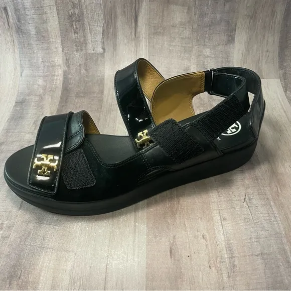 TORY BURCH KIRA SPORT SANDAL Suede/Leather/Patent PERFECT BLACK SIZE 9