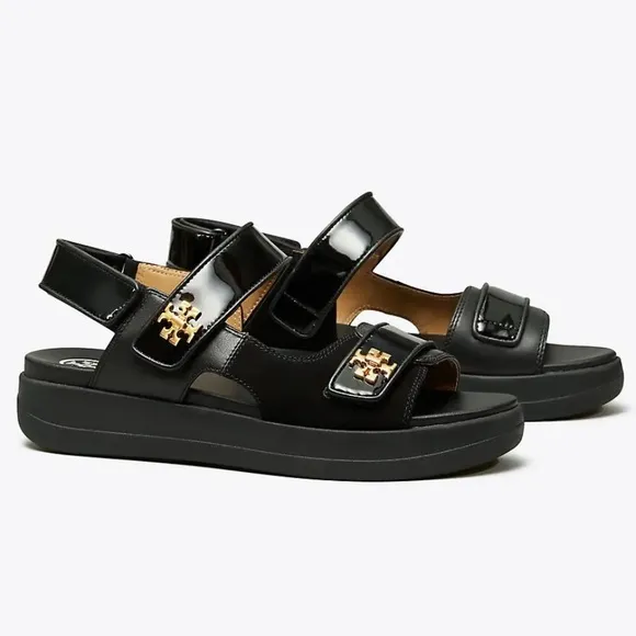 TORY BURCH KIRA SPORT SANDAL Suede/Leather/Patent PERFECT BLACK SIZE 9