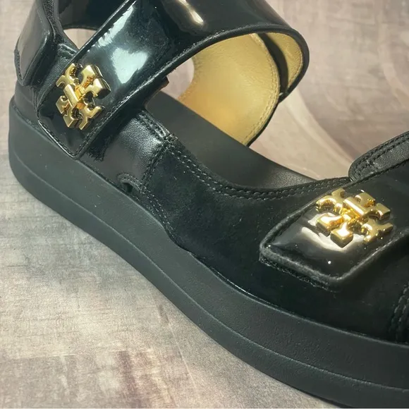 TORY BURCH KIRA SPORT SANDAL Suede/Leather/Patent PERFECT BLACK SIZE 9