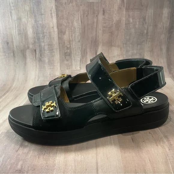 TORY BURCH KIRA SPORT SANDAL Suede/Leather/Patent PERFECT BLACK SIZE 9