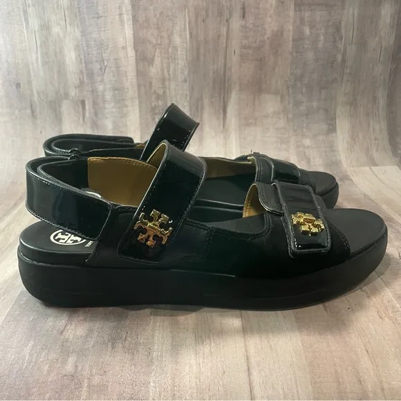TORY BURCH KIRA SPORT SANDAL Suede/Leather/Patent PERFECT BLACK SIZE 9
