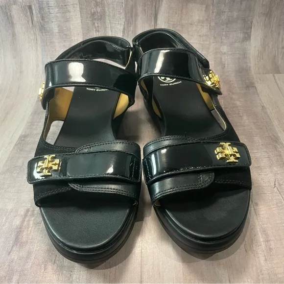TORY BURCH KIRA SPORT SANDAL Suede/Leather/Patent PERFECT BLACK SIZE 9