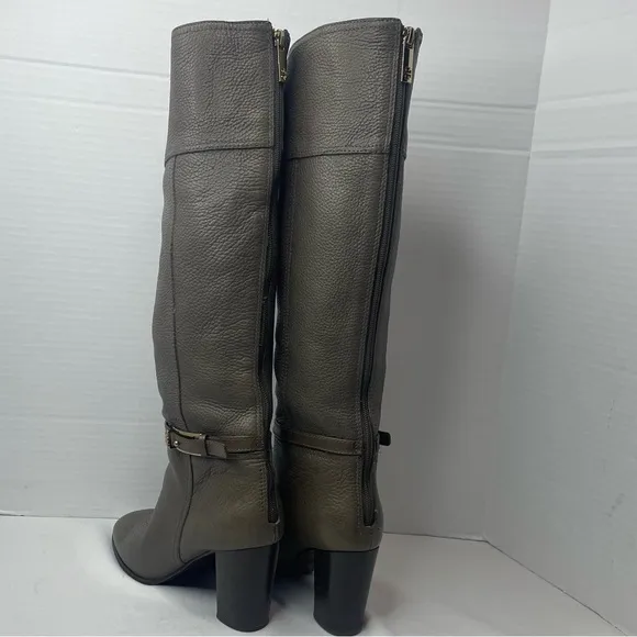 Tory Burch Pebbled Leather Back Zip Tall Block Heeled Buckle Boots Olive Size 9