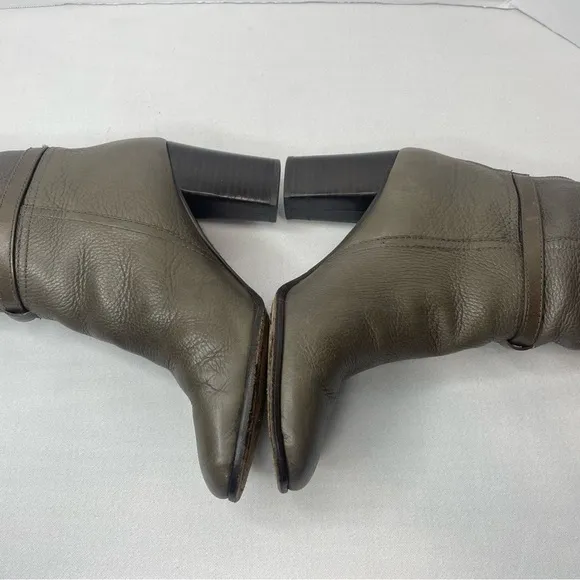 Tory Burch Pebbled Leather Back Zip Tall Block Heeled Buckle Boots Olive Size 9