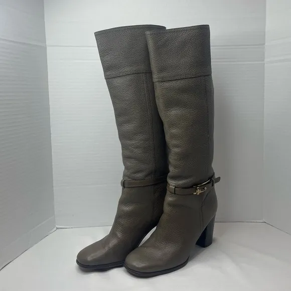 Tory Burch Pebbled Leather Back Zip Tall Block Heeled Buckle Boots Olive Size 9