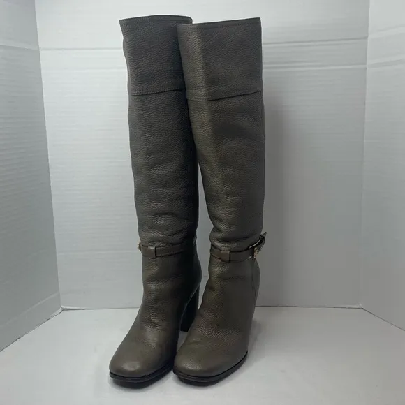 Tory Burch Pebbled Leather Back Zip Tall Block Heeled Buckle Boots Olive Size 9