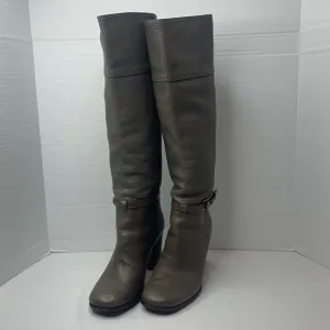 Tory Burch Pebbled Leather Back Zip Tall Block Heeled Buckle Boots Olive Size 9